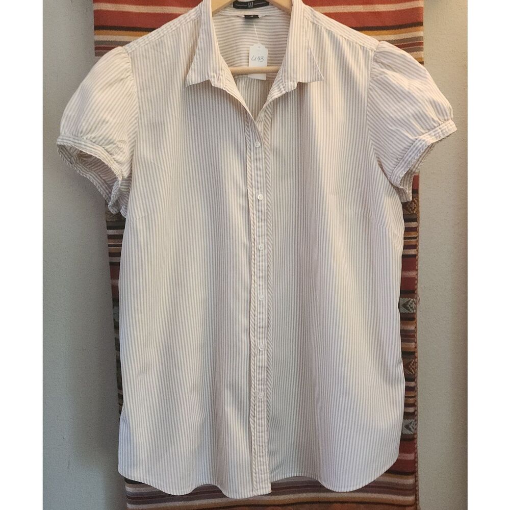 U43 Gap tan and white striped puffed short sleeve button down shirt women's 16T